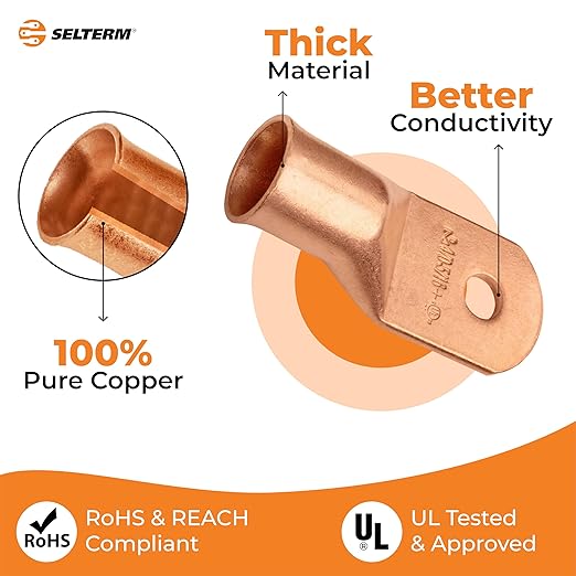 SELTERM 5pcs 4/0 AWG (XL) 5/16" Stud Copper Wire Lugs, Ring Terminals, Battery Cable Ends, 0000 Gauge Ring Terminal Connectors, UL Heavy Duty Bare Copper Eyelets Battery Terminal Connectors