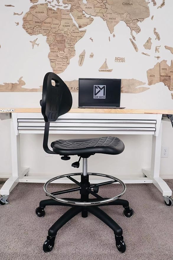 Chair Master (Medium Bench Stool, Rubber Roller Blade Stye Casters Easy to Clean! Ergonomic Polyurethane Chair with Footring. Seat Height Range 19"-27". Home Office Lab Workstation.