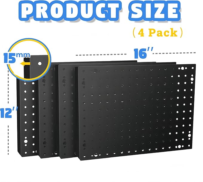 Heavy Duty 4 Panel 16" X 12" Metal Peg Board with 32 Varied Sturdy Hooks, Used for Tool Storage and Garage Organization. Peg Board Organizer Accessories, Black