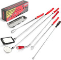 TOOLEAGUE 7Pcs Telescoping Magnetic Pickup Tool Set, Extendable LED Flashlight,Round & Square 360° Inspection Mirror for Men Mechanics, and Handymen, Red
