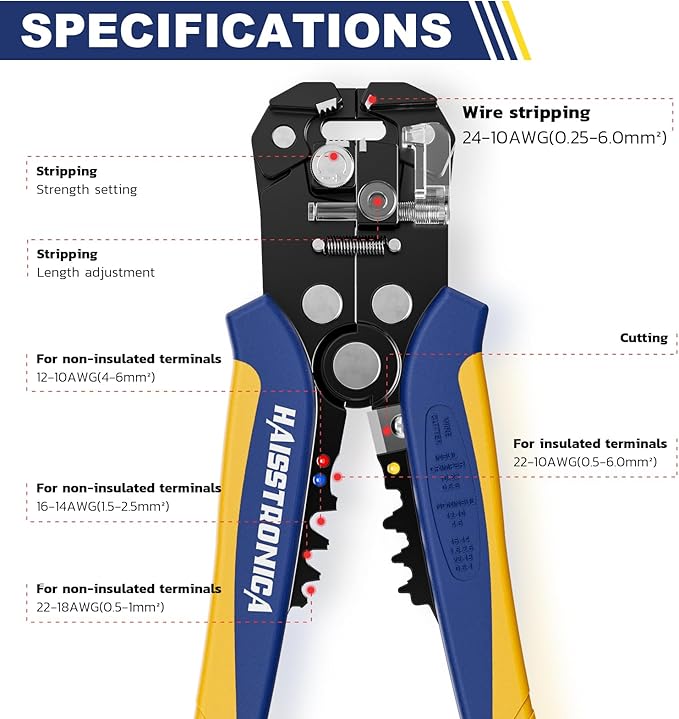 haisstronica Self-Adjusting Wire Stripper, 3 in 1 Stripper/Cutter/Crimping Heavy Duty Automatic Electrical Wire Strippers for 10-24 AWG