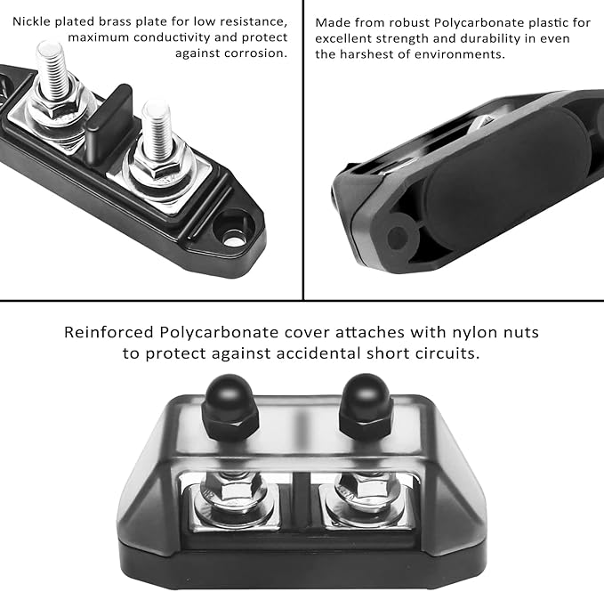 RECOIL Insulated 2 Position Power & Ground Busbar 2 x M5 Studs Terminal Power Distribution Block with Ring Terminals