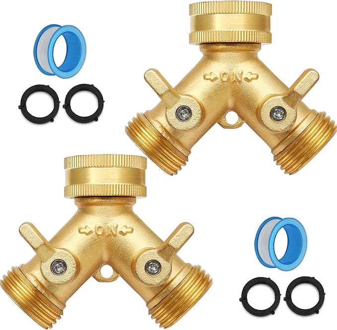 Biaungdo 2 Pcs Way Connector Garden Hose Splitter, 3/4 Garden Hose Y Splitter, Solid Brass Hose Adapter Y Valve Spigot Faucet Adapter with Faucet Watering Shut Off Valves