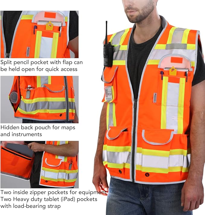 Dib Safety Reflective Vest Heavy Duty, High Visibility Two Tone Engineer Vest, Made with 3M Tape, Padded Collar, Retractable ID Pocket, Orange 2XL