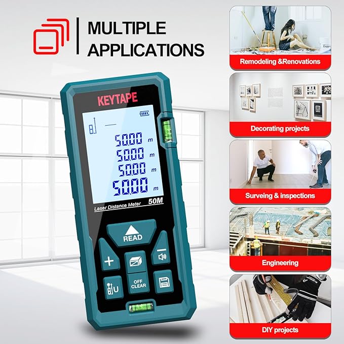 Laser Measure 328ft KEYTAPE Laser Distance Measure with Real Time, Upgraded M/in/FT/FT+in Unit Switching Backlit LCD and Pythagorean Mode, DT100 Portable Handle Digital Measurement Tool Range Finder