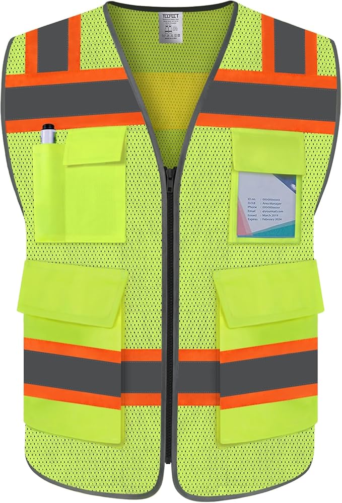 TCCFCCT Safety Vest for Men Women 5 Pockets Mesh High Visibility Reflective Vest with Reinforced Zipper, Durable Construction Work Vest with Fluorescent Orange Edge, Meets ANSI/ISEA, DW-Yellow, L