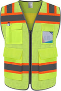 TCCFCCT High Visibility Vest 5 Pockets Mesh Reflective Safety Vest for Men Women, Hi Vis Work Vest with Reinforced Zipper and Fluorescent Orange Edge, Durable to Use, Meets ANSI/ISEA, DW-Yellow, 2XL