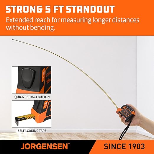 JORGENSEN Digital Tape Measure, 2-in-1 16Ft Rechargeable Digital Measuring Tape Ft/Ft+in/in/M/CM/MM Unit, Metric & Inches Tape Measurement Tool for Pythagorean, Area, Volume