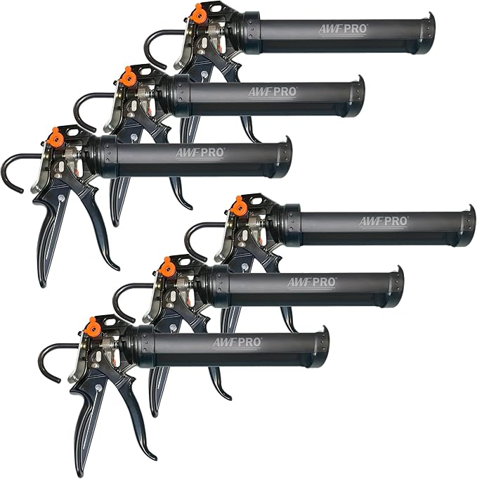 AWF PRO 10 oz Dual Thrust Caulk Gun - 25:1 or 12:1 Thrust Ratio, Dripless, Rotating Barrel, Comfort Grip, with Built-In Puncture Tool, Pack of 6
