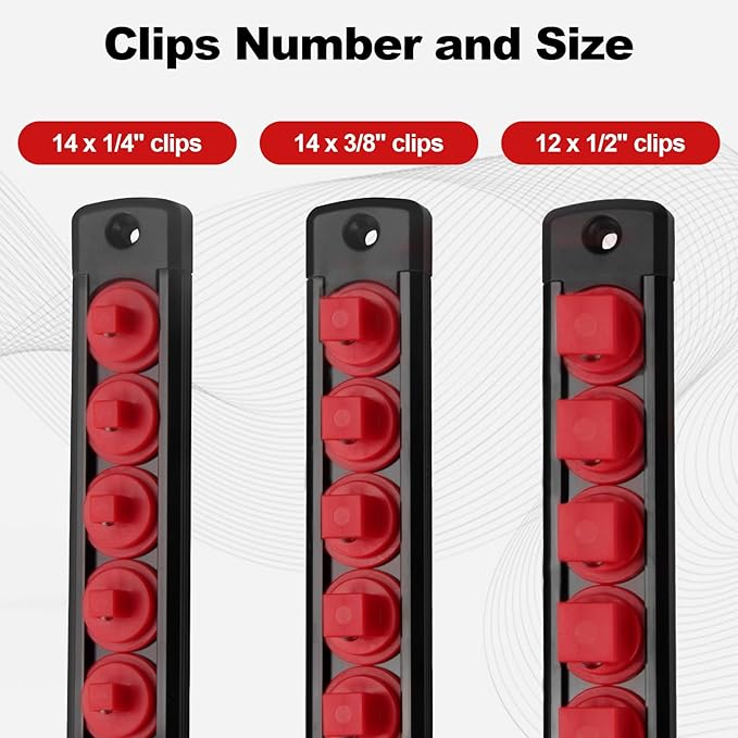 Fivepears Magnetic Socket Rails Storage Organizer, Heavy Duty Aluminum ABS Socket Holders, 360 Swivel Clips for Tool Box, 3/8 x 14, 1/2 x 12, 1/4 x 14 Clips (Red)