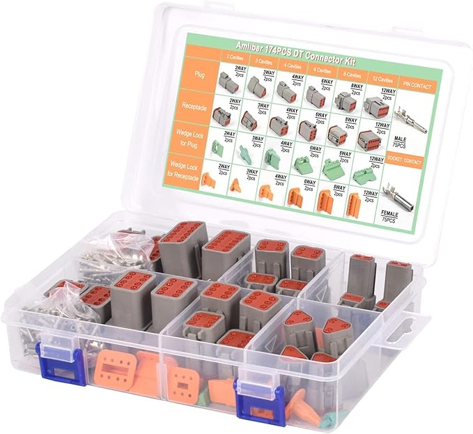 174Pcs 12 Kits DT Connector Kit With Ratcheting Wire Crimper for Deutsch Connector, 2 3 4 6 8 12 Pin Connectors Automotive Electrical Connectors With Size 16 Stamped Contacts IP68 Waterproof