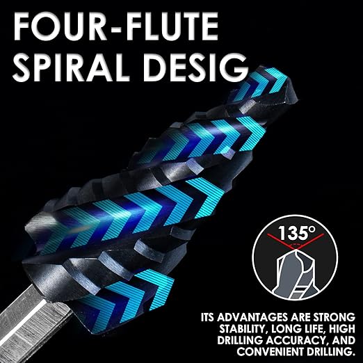 M35 Cobalt Step Drill Bit, Four Spiral Flute Unibit Step Drill Bit (1/4"-3/4") Wear-Resistant TiAlN Coated, 1/4" Hex Shank for Metal, Carbon Steel, Stainless Steel, Wood, Plastic (9 Size)