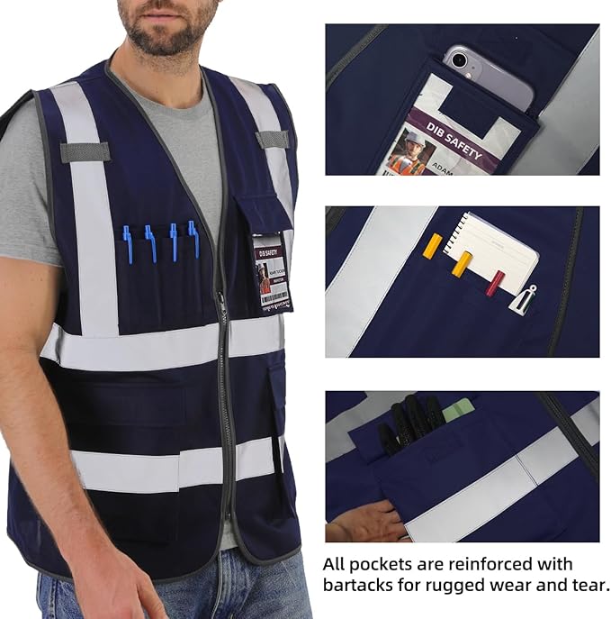 Dib Safety Reflective Vest High Visibility with Pockets and Zipper, Navy M