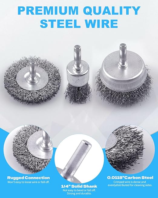 Rocaris 21-Pack Carbon Steel Wire Wheel, Cup, Pen Brush Set with 1/4-Inch Round Shank for Rust Removal, Corrosion and Scrub Surfaces