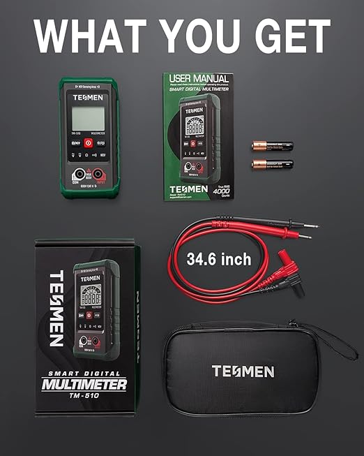 TM-510 Digital Multimeter, 4000 Counts, Smart Measurement, Auto-Ranging Voltmeter; Voltage Tester with Non-Contact Voltage Function, Measures AC/DC Voltage, Resistance, Continuity – Green