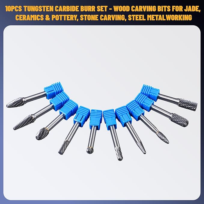10PCS 1/4 Carbide Burr Set 1/4 Shank Die Grinder Bits Drill Bits Grinding Bits for Metal Rotary Tool Attachment Accessories Rasp Weld Wood Stone Deburring, Compatible with Milwaukee Dewalt