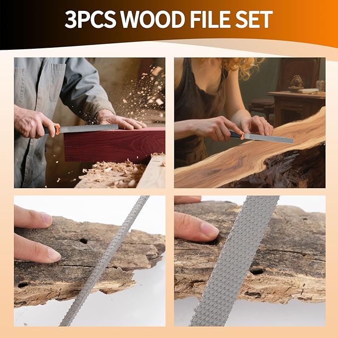 KUZURYU Woodworking Rasp Set – 3PCS Multi-Shape Precision Wood Files（Flat, Half-Round, Round） with Ergonomic Handles for Carpentry, DIY, and Wood Restoration