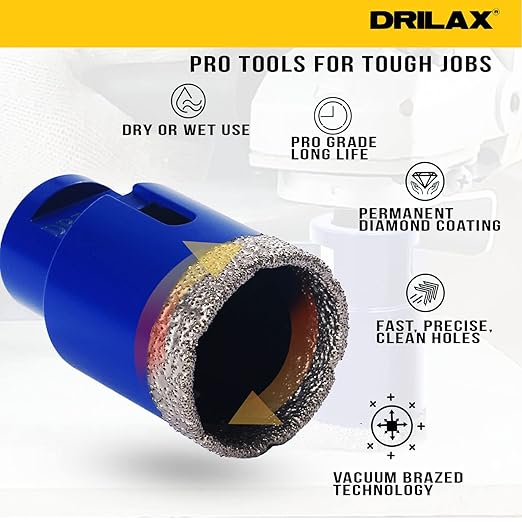 Drilax Pro Series 1-3/8 Inch Diamond Hole Saw for Angle Grinder – 5/8"-11 Thread – Dry Cutting Granite Drill Bit, Masonry Hole Saw & Quartz Countertop Drill Bit – Long Life 100+ Holes