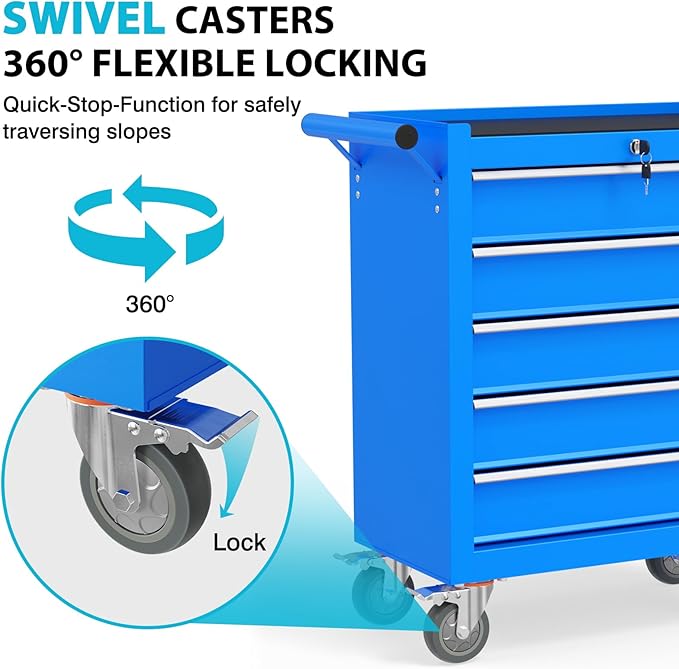 5 Drawers Rolling Tool Chest, Portable Storage Tool Box with Wheels, Tool Chest with Lock for Warehouse, Garage, Repair Shop and Tool Room