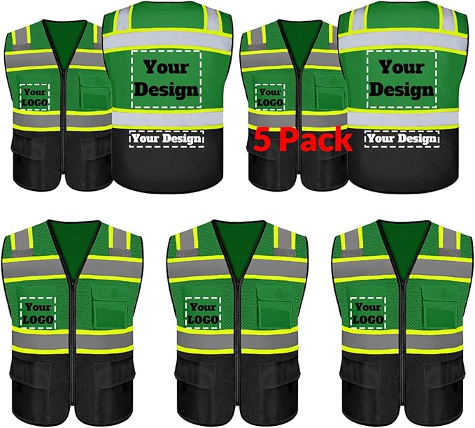 Safety Vest Customize Logo with 5 Pockets & Zipper Reflective High Visibility Vest Class 2 Outdoor Workwear