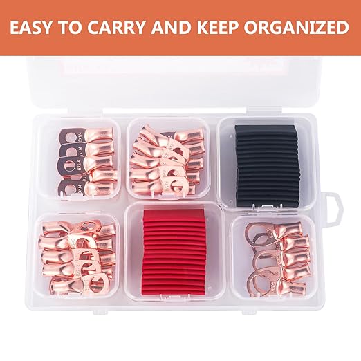 62PCS 6 AWG Ring Terminal Connectors Battery Copper Wire Lugs 6 Gauge 5/16", 3/8", 1/4", 1/2" with Heat Shrink Tubing Set, 30Pcs Battery Cable Ends and 32PCS Heat Shrink Tubing