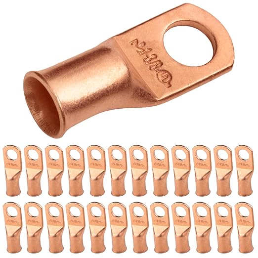 SELTERM 25pcs 1 AWG 3/8" Stud Battery Lugs, Ring Terminals, Heavy Duty Copper Wire Lugs, Battery Cable Ends, 1 Gauge Ring Terminal Connectors, UL Bare Copper Eyelets Electrical Battery Cable Lugs