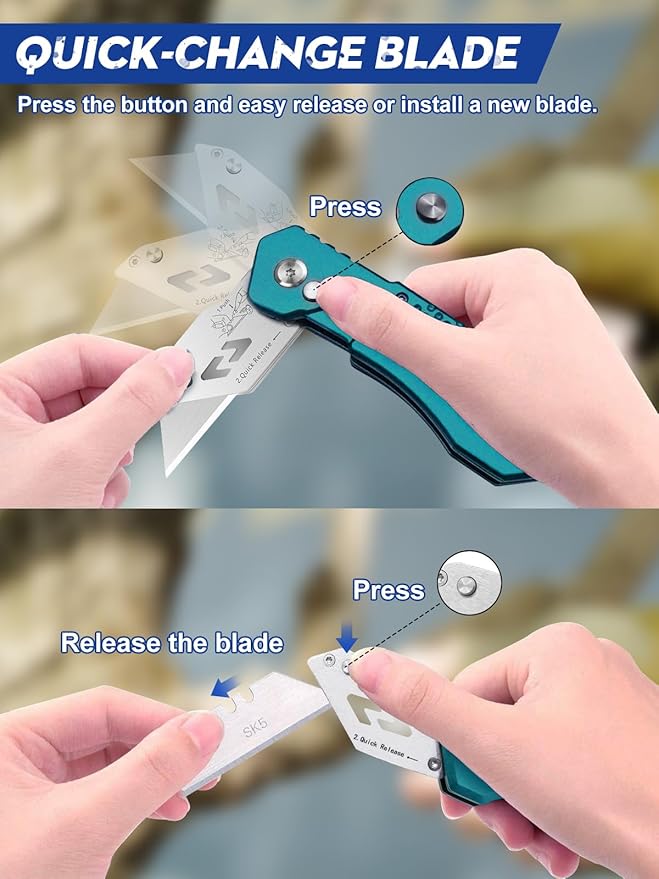 BIBURY Utility Knife, Heavy Duty Folding Box Cutter, Pocket Carpet Cutter Knife with 10 Extra SK5 Stainless Steel Blades, Easy Release Button, Belt Clip, Quick Change and Safety Lock-Green