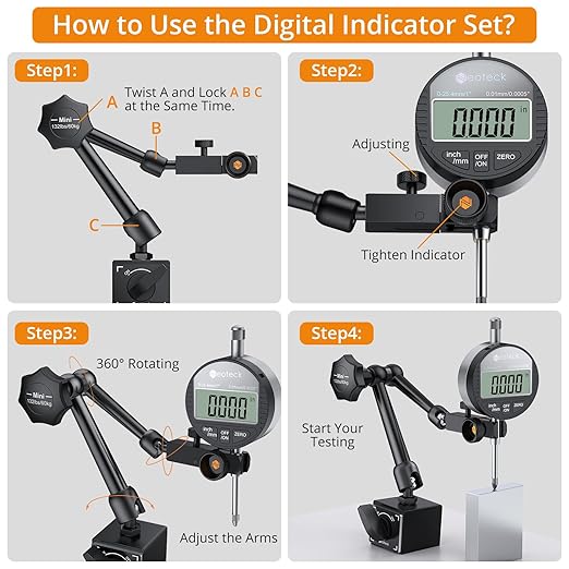 Neoteck 0-1”/0.0005" Digital Dial Indicator Gauge and 132 lbs (60kg) Max Pull Magnetic Base,Digital Dial Indicator Set with Inch/Metric Conversion for 3D Printer and CNC Machine-Black
