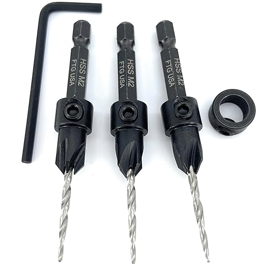 FTG USA Adjustable Wood Countersink Drill Bit Set 3 Pc #4 (7/64"") with Tapered Drill Bit for Woodworking