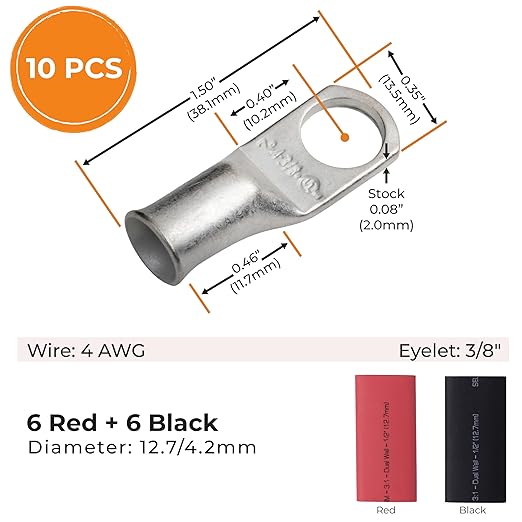 SELTERM 10pcs - 4 Awg - 3/8" Stud - Battery Lugs - Ring Terminal Connectors | with 12pcs 3:1 Black & Red Heat Shrink Tubing with Adhesive | Heavy Duty Battery Cable Ends - Tinned Copper Wire Lugs Kit