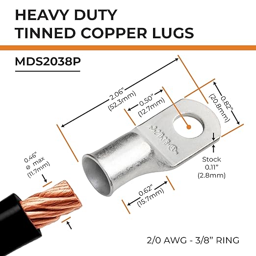 SELTERM 10pcs 2/0 AWG-3/8 Stud Tinned Copper Wire Lugs, Heavy Duty Battery Cable Ends,00 Gauge Ring Terminals, UL Battery Lugs Marine Grade Copper Eyelets Electrical Battery Terminal Connectors