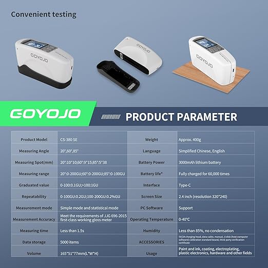 GOYOJO Three Angles Gloss Meter 20º 60º 85º Precision Glossmeters with Calibration Board, for Measure Stone, Paint, Ink, Marble, Floors, USB Interface Storage High End QC Software 5000 Data 0-200Gu