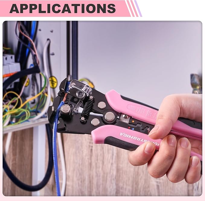 haisstronica Self-Adjusting Wire Stripper, Pink 3 In 1 Stripper/Cutter/Crimping Heavy Duty Automatic Electrical Wire Strippers for 10-24 AWG Stranded, Solid,Landscape Etc