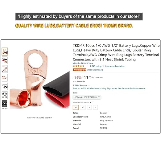 10pcs 2 Awg-3/8" Ring Marine Grade Copper Wire Lugs,with 3:1 Heat Shrink Tubing,UL Battery Cable Ends,Heavy Duty Cable Lugs,Tinned Copper Eyelets,Tubular Ring Terminals