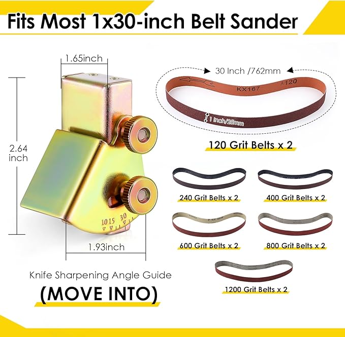 Feekoon Assorted 12 Pack of 1x30 Sanding Belts, with Adjustable Knife Sharpening Angle Guide for 1 x 30 Belt Sander, Knife Sharpening Jig Angles from 10 to 45