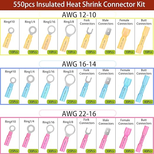 550Pcs Waterproof Heat Shrink Wire Connectors Kit, Automotive Electrical Connector Terminals Kit, Butt Fork Ring and Spade Crimp Connectors Assortment (22-10AWG)