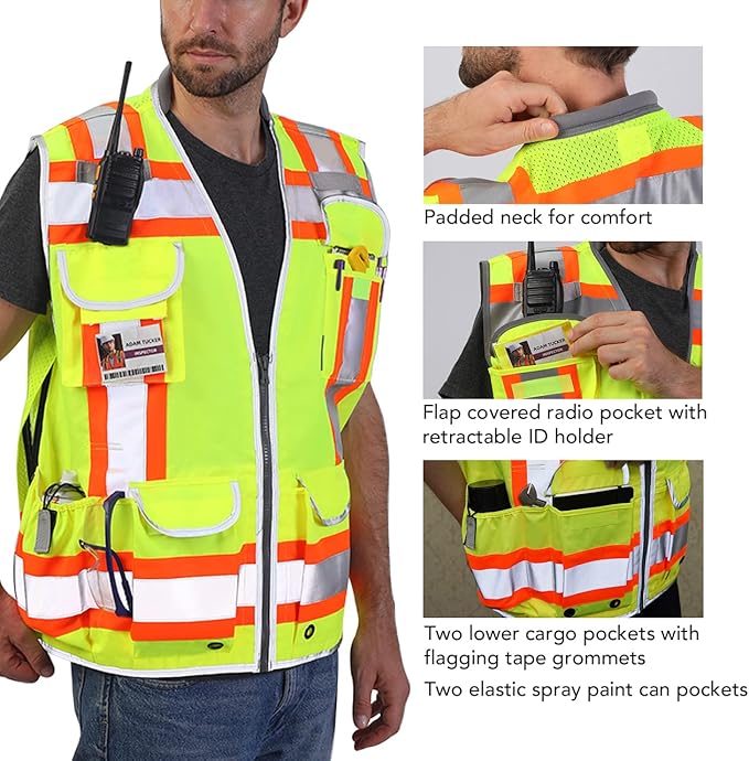 Dib Safety Reflective Vest Heavy Duty, High Visibility Two Tone Engineer Vest, Made with 3M Tape, Padded Collar, Retractable ID Pocket, Yellow XL
