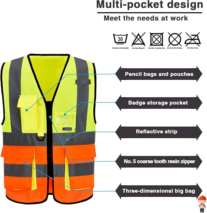 A-SAFETY yellow orange High Visibility Construction Safety Vest with Pockets zipper, Orange&Yellow Color Mixed, XXXL