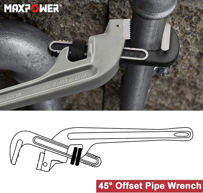 MAXPOWER 14-inch End Pipe Wrench, 45 Degree Aluminum Offset Pipe Wrench, Ideal for Pipe Working Close to The Wall