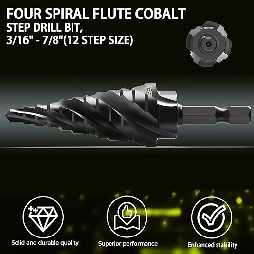 M35 Cobalt Step Drill Bit Four Spiral Flute, 3/16"-7/8" (12 Step Sizes) - Ideal for Metal, Stainless Steel, Wood, Plastic - 1/4" Hex Shank