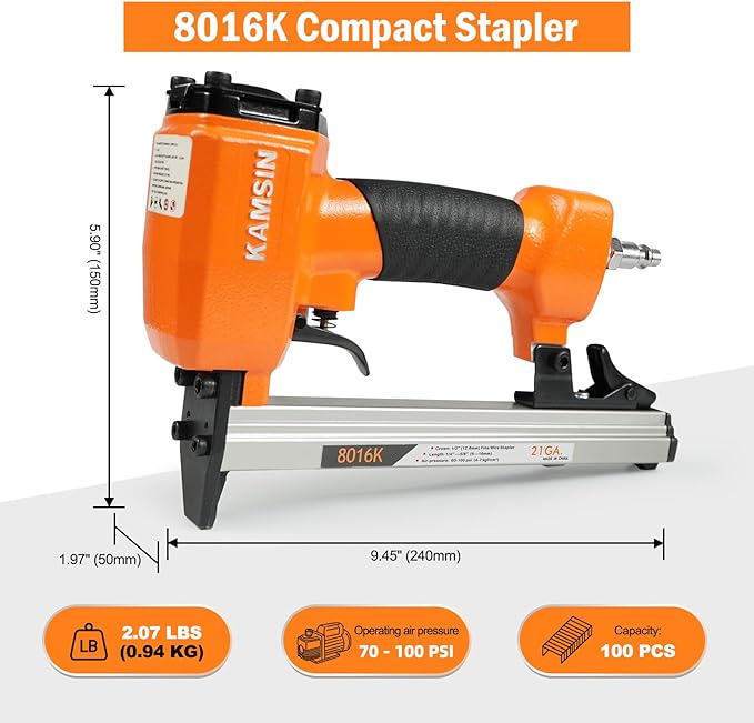 Kamsin 8016K Pneumatic Upholstery Staple Gun 21 Gauge Upholstery Stapler Fits 80 Series Staples with 1/2-Inch Crown and 1/4-Inch to 5/8-Inch Leg Length for Furniture, Cabinet and Woodworking (8016K)