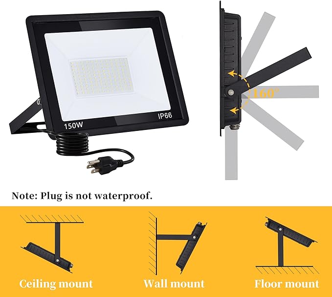 ADYENA 150W LED Flood Lights Outdoor Plug in, 15000 LM Super Bright Security Lights, IP66 Waterproof LED Work Light, 6000K Daylight White Floodlights for Garage Yard Garden Playground(2 Pack)