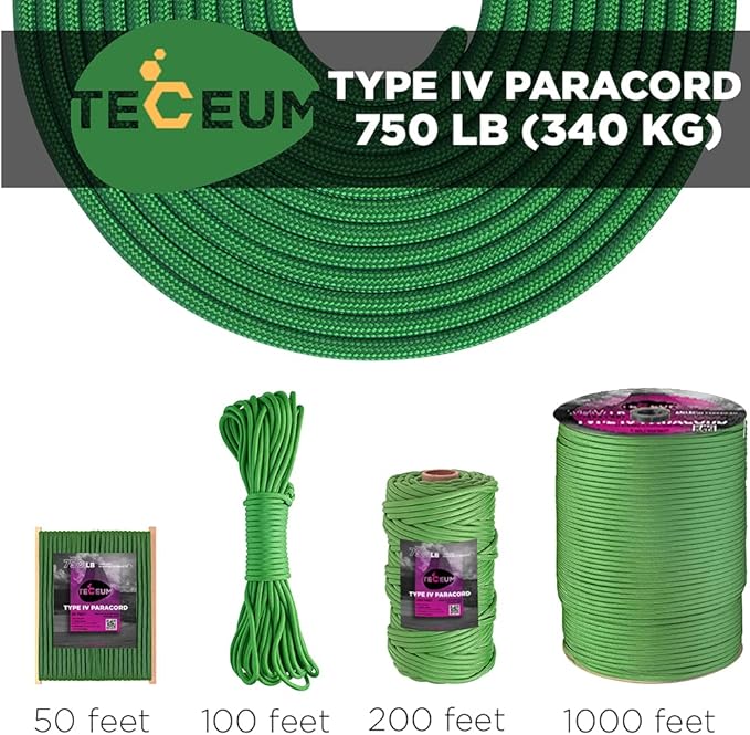 TECEUM 5/32" Paracord Rope 1000 – 1000ft / 200ft / 100ft / 50ft – Tactical Parachute Cord 4mm – 45+ Colors – Nylon String for Survival & Camping Gear – Stripe Cord for Survival – Utility Rope