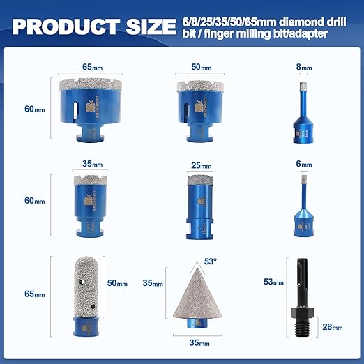 Diamond Core Drill Bit Set BRSCHNITT Diamond Hole Saw for Porcelain Tile Ceramic Marble Granite Drilling with 5/8-11 Thread(6/8/25/35/50/65 Drill bits/20mm Finger bit+SDS Adapter.)