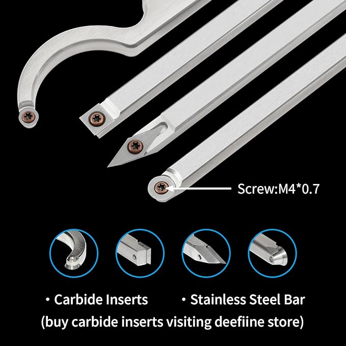 Carbide Tip Wood Lathe Turning Tool Kit, Lathe Roughing and Finishing Hollow Tool Interchangeable Aluminum Alloy Handle with Diamond Round Square Carbide Inserts (Metal handle)