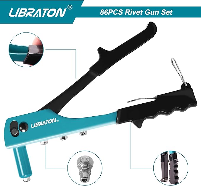 Rivet Gun, Rivet Gun Kit, Pop Rivet Gun, 80PCs Metal Rivets and 4 Drill Bits, Heavy Duty Hand Riveter, Rivet Gun Tool for Metal, Automotive, Blind Rivets 3/32" 1/8" 5/32" 3/16"