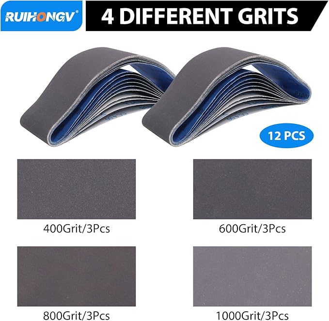 12 Pack 3 x 24 Inch Silicon Carbide Sanding Belts, 3 Each of 400 600 800 1000 Grit 3x24 Sanding Belts Medium Fine Grit Assortment, 3 x 24 Belt Sander Sanding Belts for Woodworking