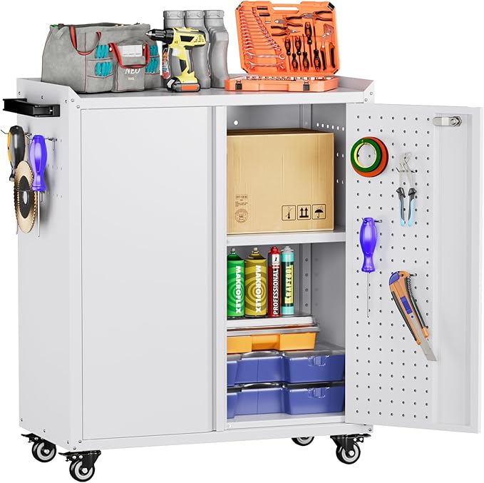 Metal Storage Cabinet with 2 Doors and 4 Hooks,34" H Top Workbench Mobile Tool Chests Garage Cabinets with 4 Wheels and Lock/Push Arm for Home,Office,Shop(White)