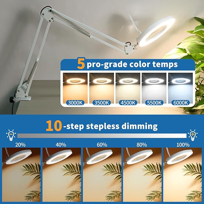 15x Magnifying Glass with Light and Clamp Stand - Long Arm Magnifying Lamp with Remote & Dust Cover - Hands-Free 5 Color Desktop LED Magnifier Lamp with Light for Reading, Crafts, Hobbies, Close Work