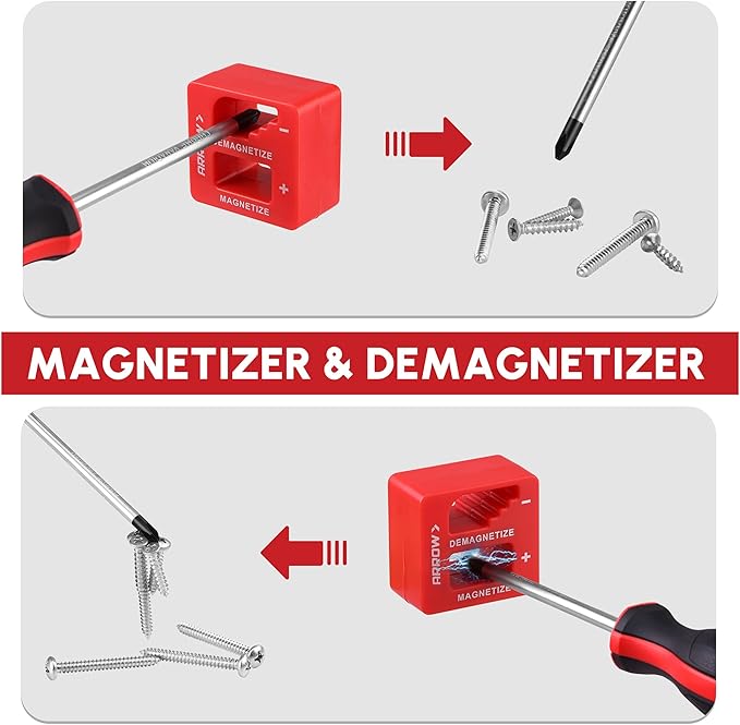 ARROW 6-Piece Magnetic Screwdriver and Magnetizer/Demagnetizer Set, Premium Cr-V Steel Screwdriver Set with Non-Slip Cushion Grip, Magnetic Phillips and Flathead Tips, for Home Improvement